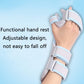 Gray wrist splint with blue adjustable wrap straps holding hand in place