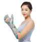 Wrist splint featuring a grey brace and light-blue padded cuffs with hook-and-loop tabs