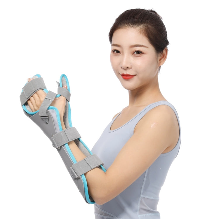 Wrist splint featuring a grey brace and light-blue padded cuffs with hook-and-loop tabs