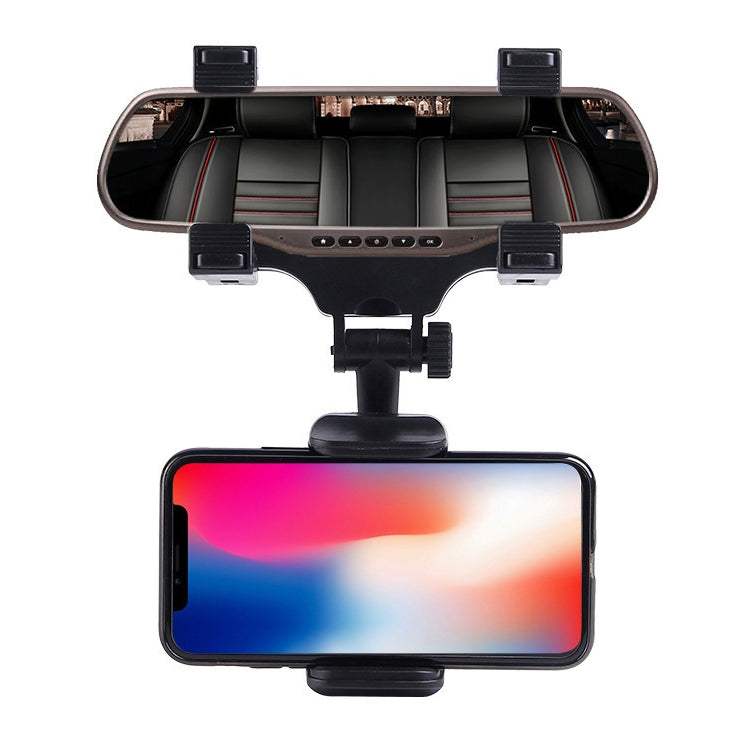 Car rearview mirror phone mount with clamps, holding a smartphone in landscape.