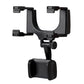 Car rearview mirror phone mount bracket with U-shaped clamp and padded phone cradle.