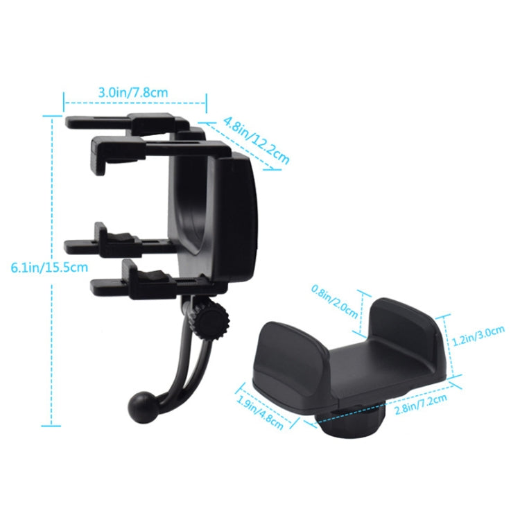 Car rearview mirror phone mount with adjustable arms and padded phone cradle.