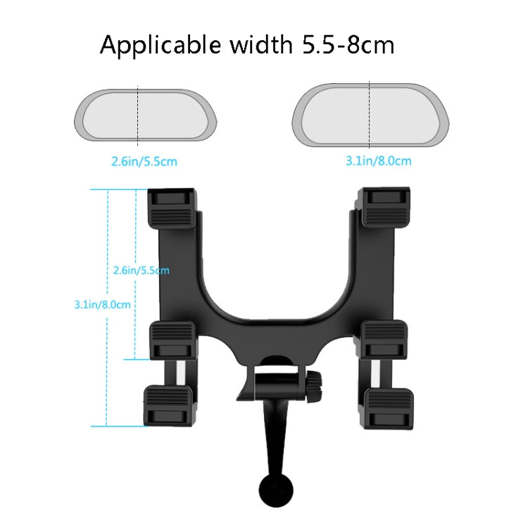 Car rearview mirror phone mount bracket with multiple adjustable clamp pads.