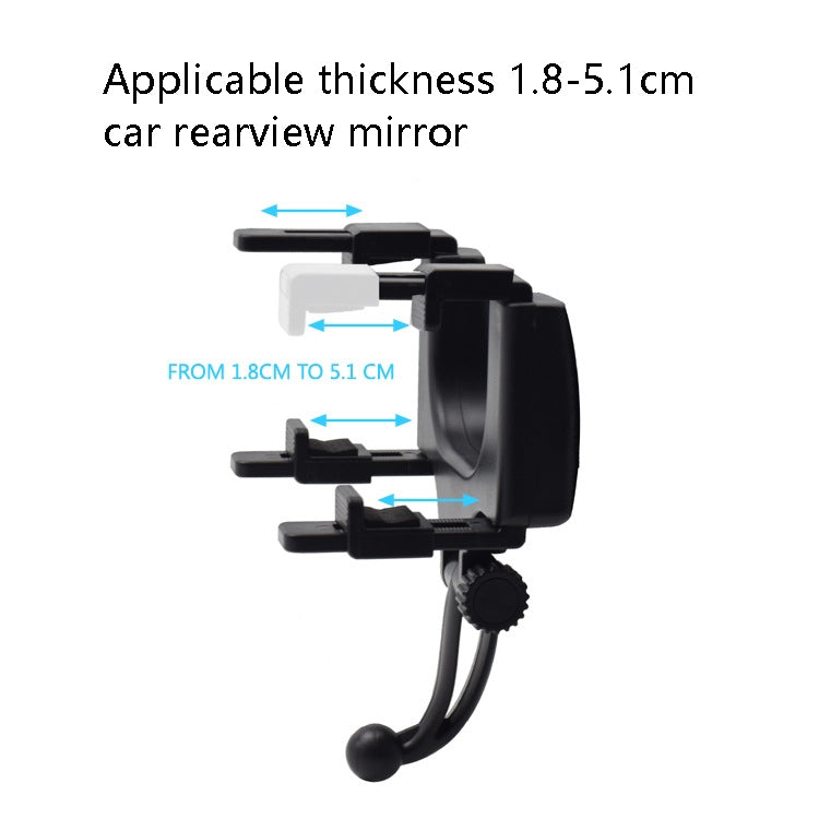 Car rearview mirror phone mount with curved clamp and adjustable arm with control knob.
