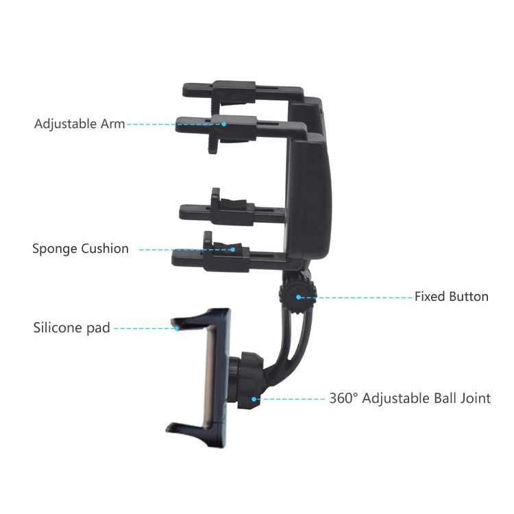 Car rearview mirror phone mount with 360° ball joint, silicone pad, and adjustable arm.