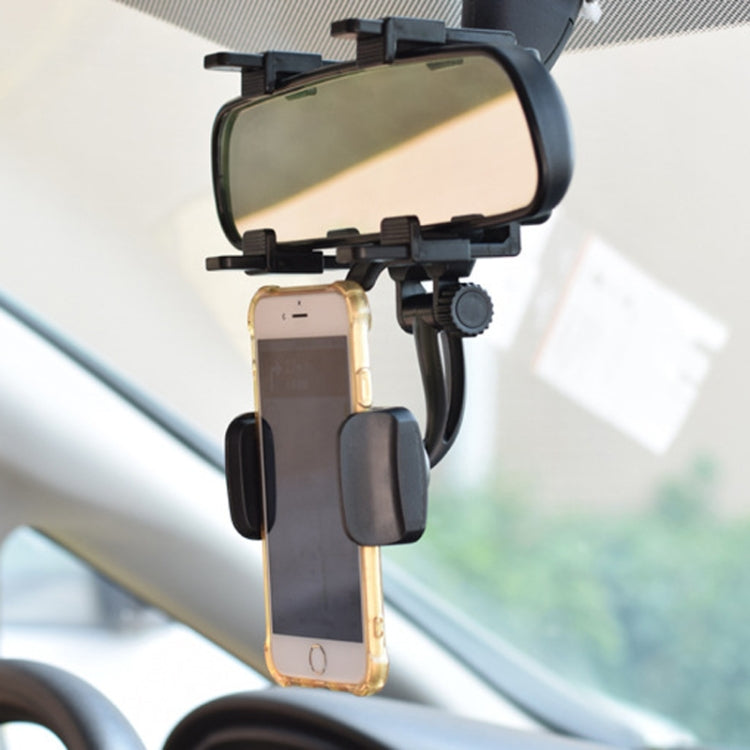 Car rearview mirror phone mount holding a smartphone vertically in a padded cradle.
