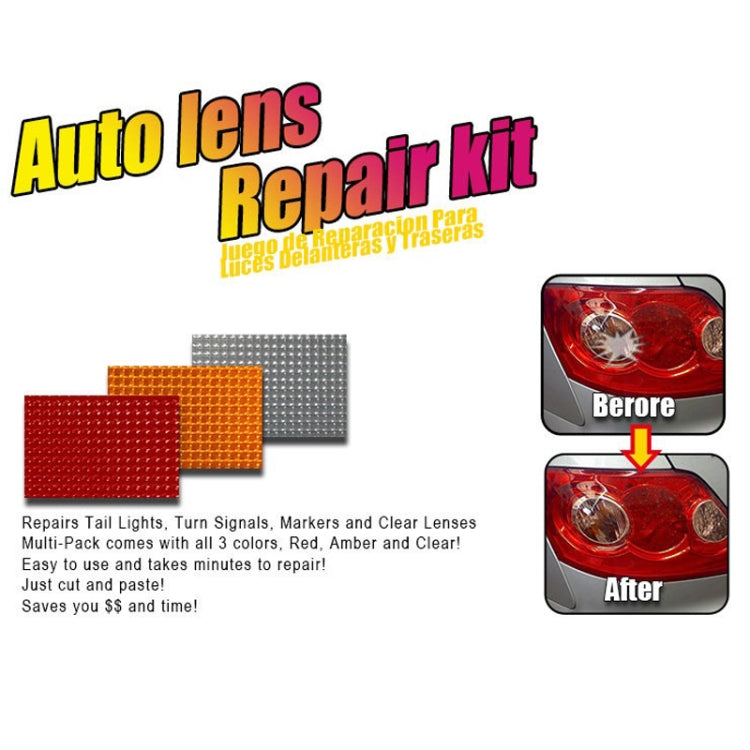 Auto lens repair kit with red, amber, clear patches and before/after diagram