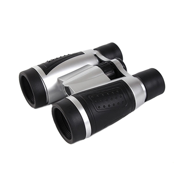 Silver and black 5x binocular-style telescope with two eyepieces and focus knob