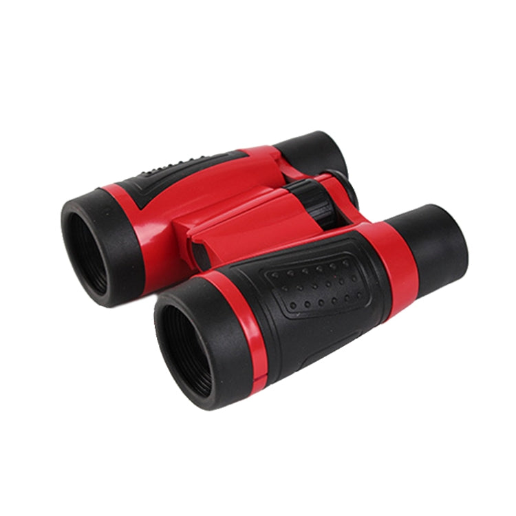 Red and black 5x binocular-style telescope with two eyepieces and focus knob