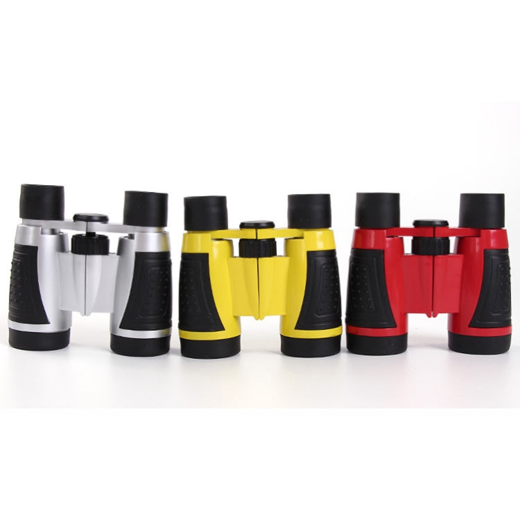 Set of 5x binocular-style telescopes in silver, yellow, and red with black eyecups
