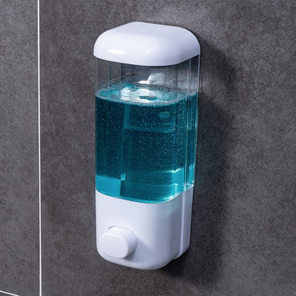 Wall-mounted manual soap dispenser, clear refill bottle with blue soap and one push button