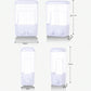 Wall-mounted manual soap dispenser with clear refill bottles and front push buttons, size views