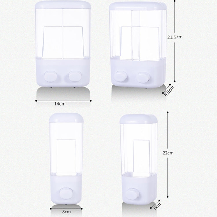 Wall-mounted manual soap dispenser with clear refill bottles and front push buttons, size views