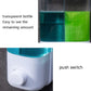 Wall-mounted manual soap dispenser close-up, transparent bottle and front push switch