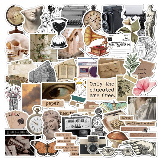 Vintage literary sticker collage with quote label and book, camera, globe icons