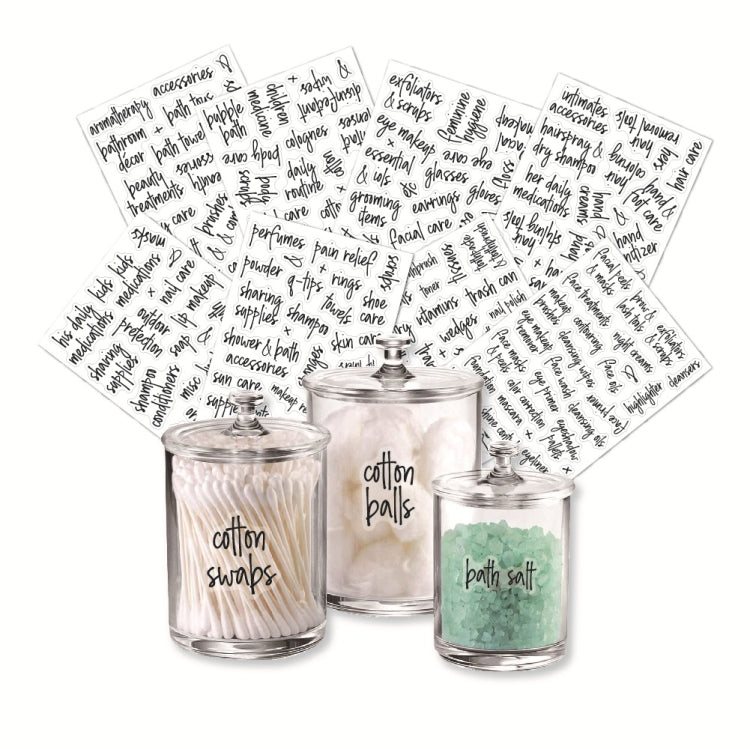 Bathroom jar label set with waterproof script stickers for cotton swabs and bath salt jars