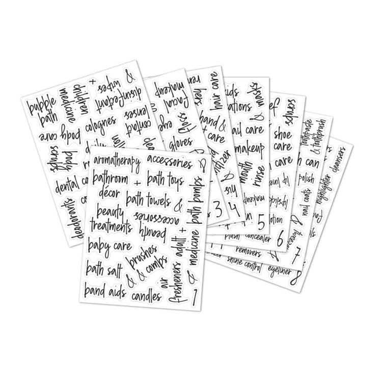 Bathroom jar label stickers sheet with waterproof handwritten-style labels for bathroom items
