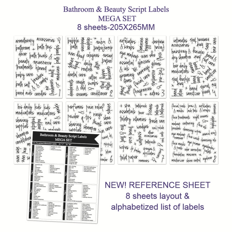 Bathroom & beauty script label mega set with 8-sheet reference layout and label list