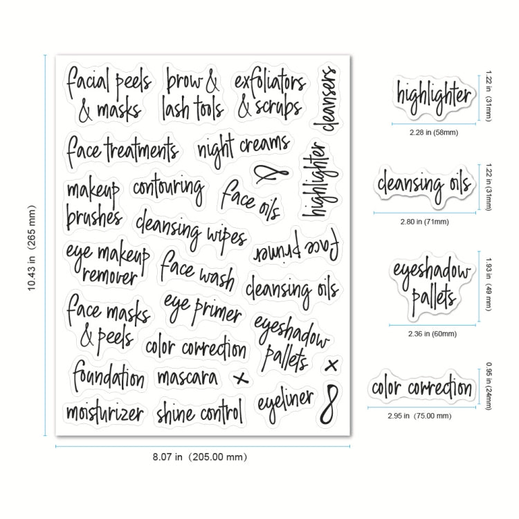 Bathroom script label sheet and size guide for skincare, hair, and eye category labels