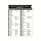 Black and white bathroom & beauty script label reference sheet with category label list