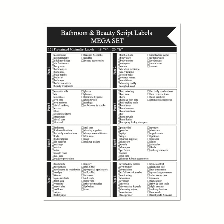 Black and white bathroom & beauty script label reference sheet with category label list
