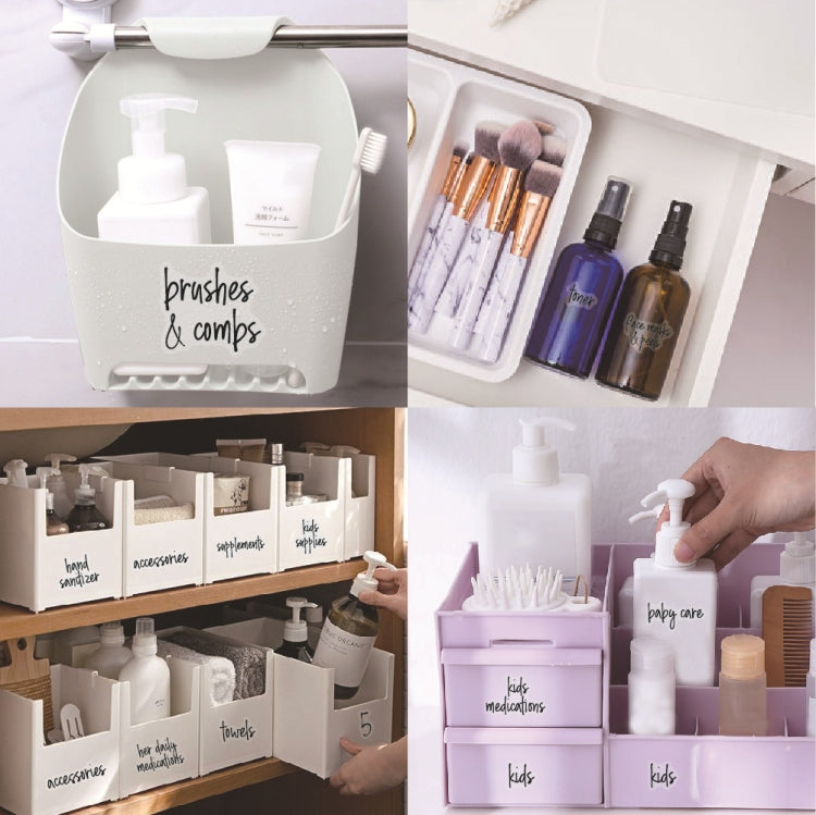 Bathroom storage organizer bins with labeled jars and dispenser bottles for toiletries
