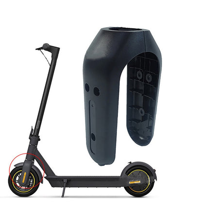 Front fork protection cover mounted on scooter frame, dark gray curved guard with cutouts
