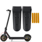 Two dark gray fork protection covers with yellow reflective sticker strips