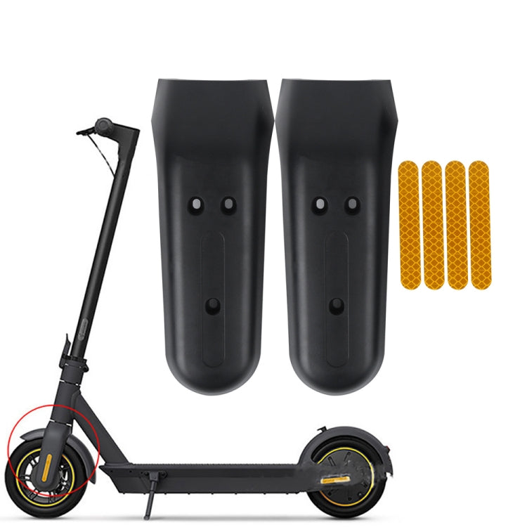 Two dark gray fork protection covers with yellow reflective sticker strips