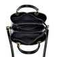 Open black handbag with two compartments, zip closure, and gold-tone hardware at handles