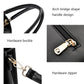 Close-up of black handbag hardware: arch handle design, zipper, and buckle accents