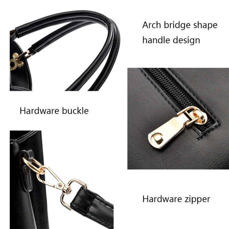 Close-up of black handbag hardware: arch handle design, zipper, and buckle accents