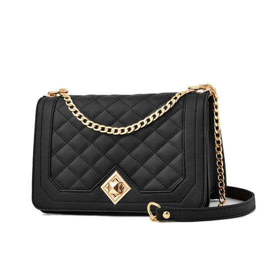 Black quilted one-shoulder flap bag with gold chain and diamond logo emblem.