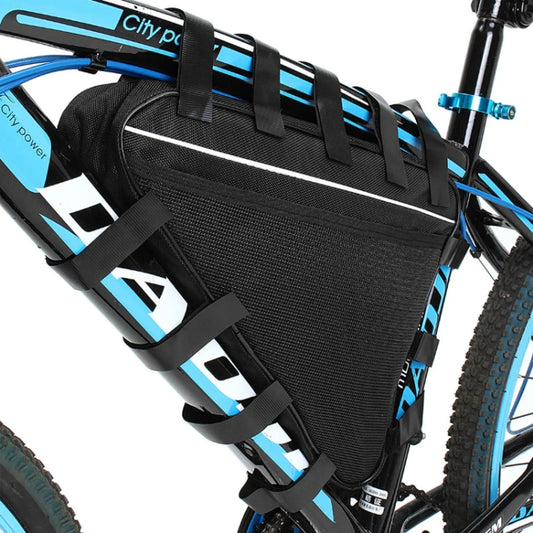 Black mountain bike battery storage pouch with top handle and webbing straps