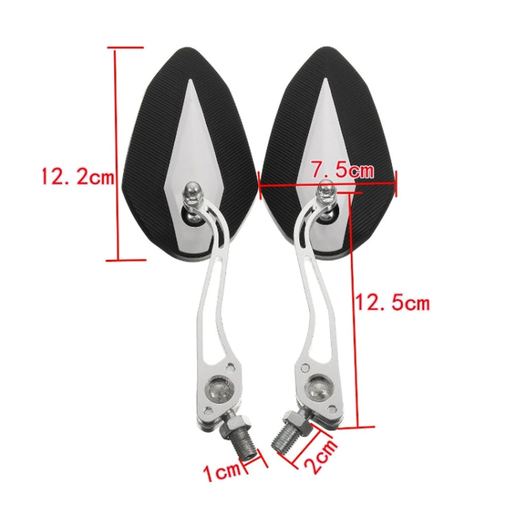 Motorcycle rearview mirrors with size diagram, showing mounting bolts and cords