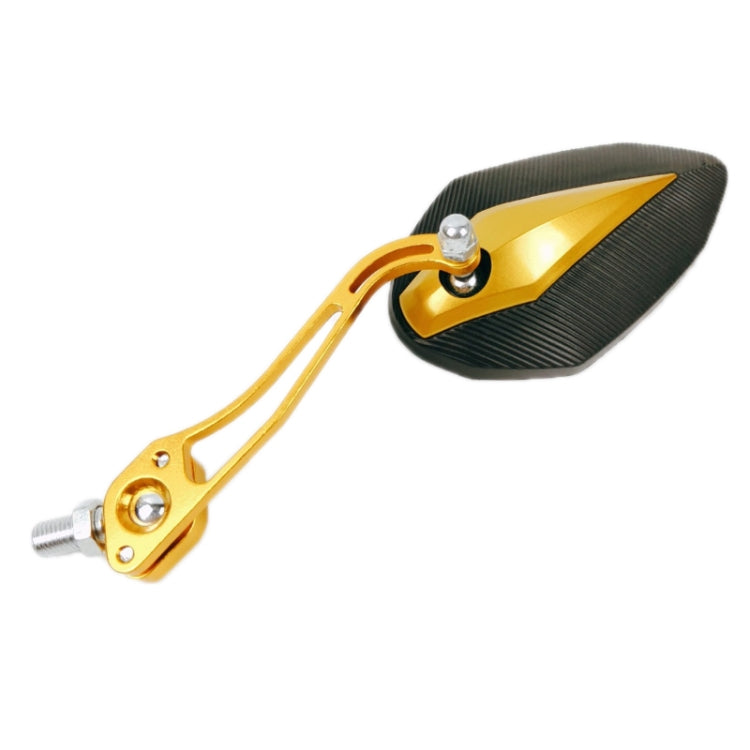 Motorcycle rearview mirror in gold with black housing and clear mounting screw