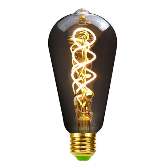 Smoky grey retro LED filament bulb with warm light, spiral coil visible