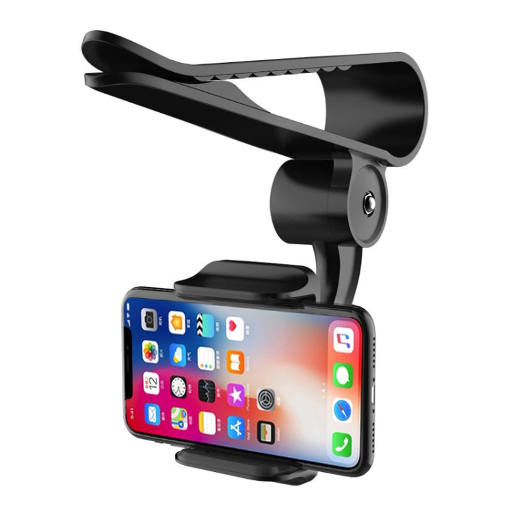 Black car sun visor phone holder with swing arm cradle and mounting bracket