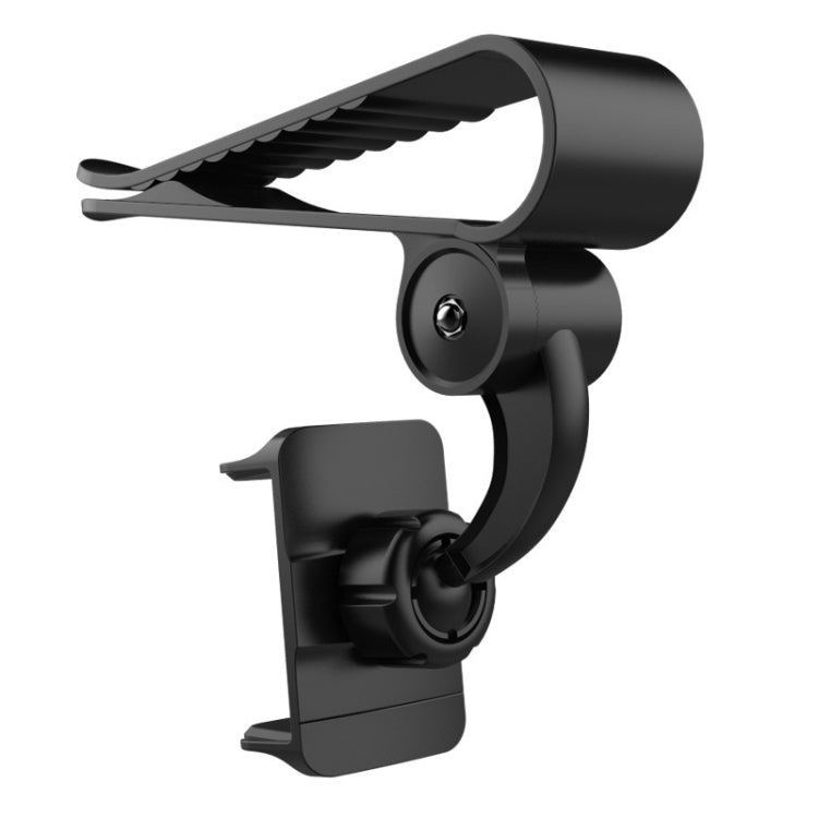 Black sun visor phone holder with curved clamp and adjustable cradle