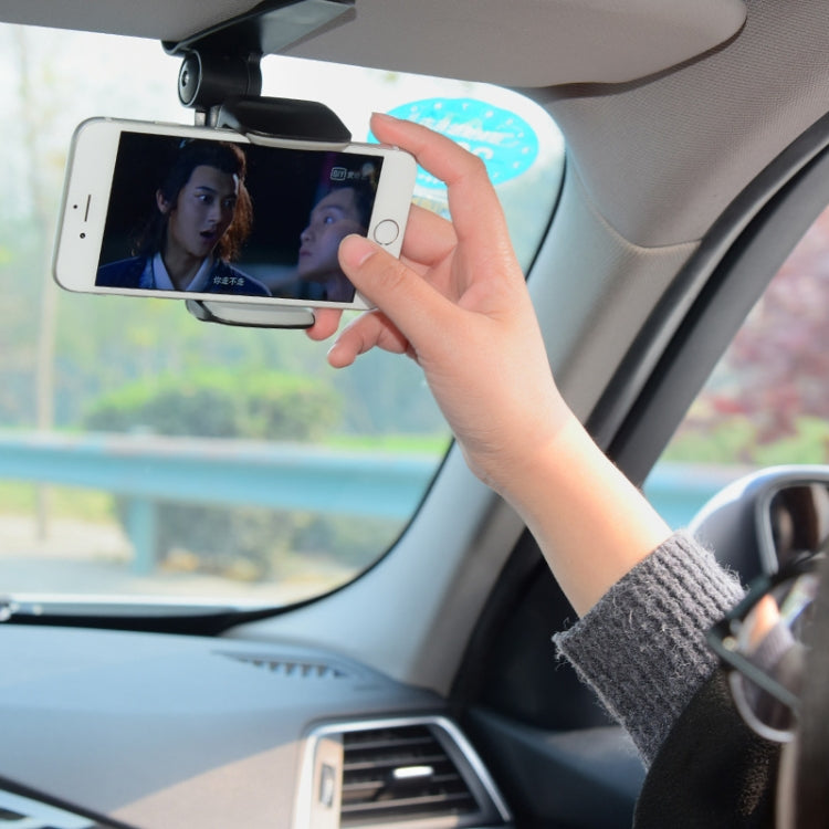 Black sun visor phone holder holding a smartphone with swing-arm cradle