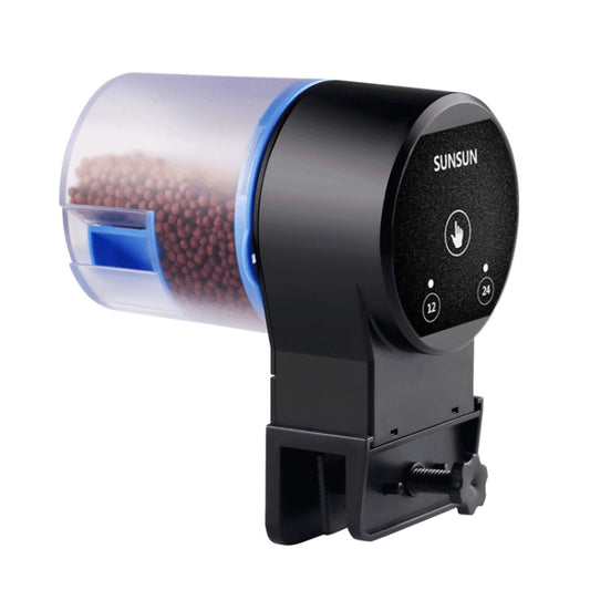 Automatic fish tank feeder with clear hopper, black control panel, blue trim