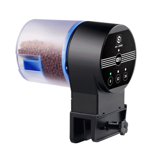Automatic fish tank feeder showing black control panel with indicator icons
