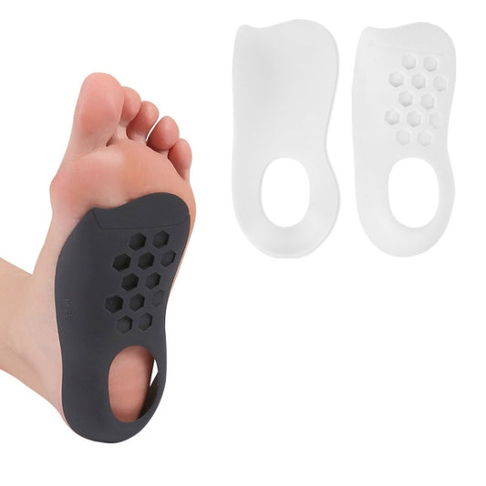 Black orthopedic arch support insole with textured grip and heel cutout, underside view.