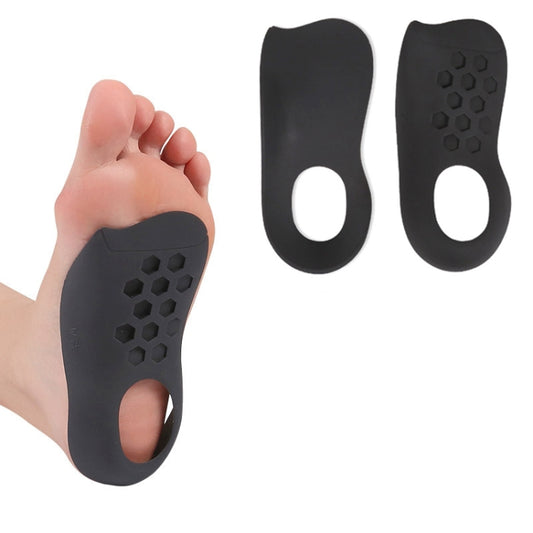 Black orthopedic arch support insoles, pair with oval heel cutouts, top side view.
