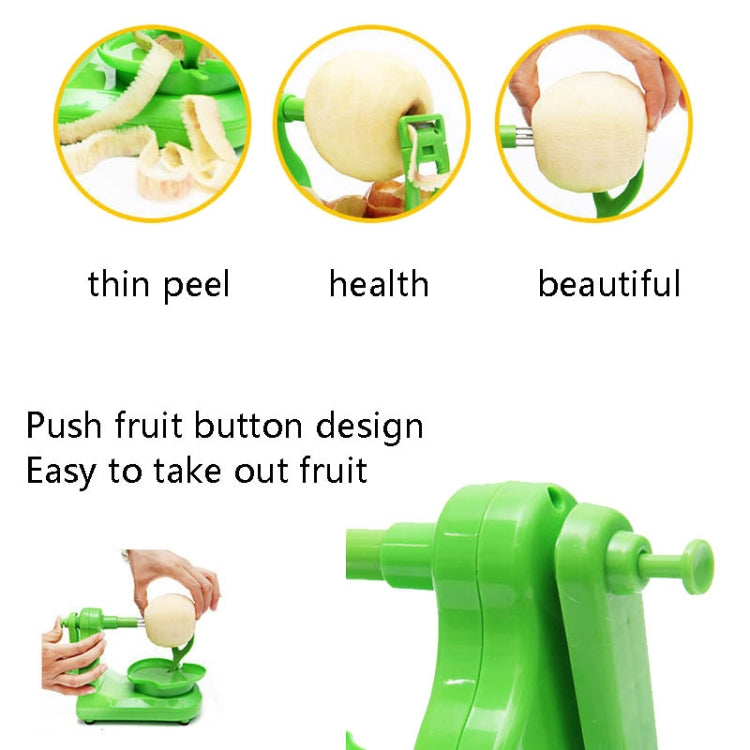 Green fruit peeler shown with a whole fruit and peeling activity around the tray