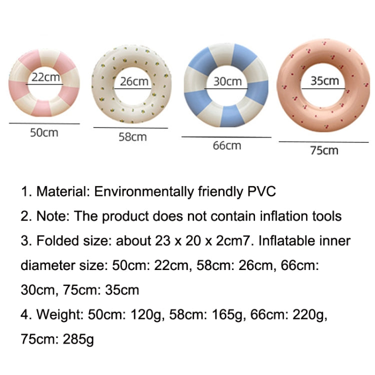 Swim ring size chart showing 50cm, 58cm, 66cm, and 75cm measurements