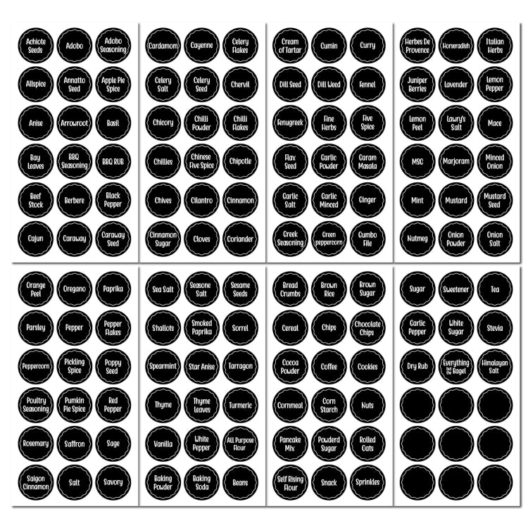 Spice jar label stickers sheet of circular black spice-name labels