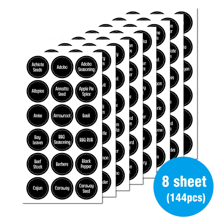 Spice jar label sticker set with circular black spice-name labels on 8 sheets