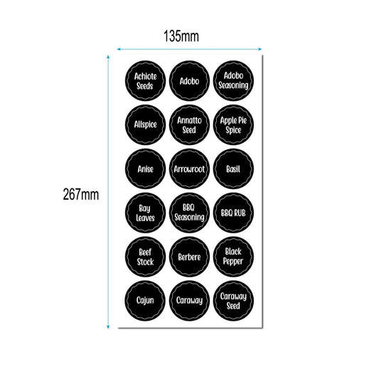 Spice jar label sticker size diagram with circular spice-name labels, 135mm x 267mm