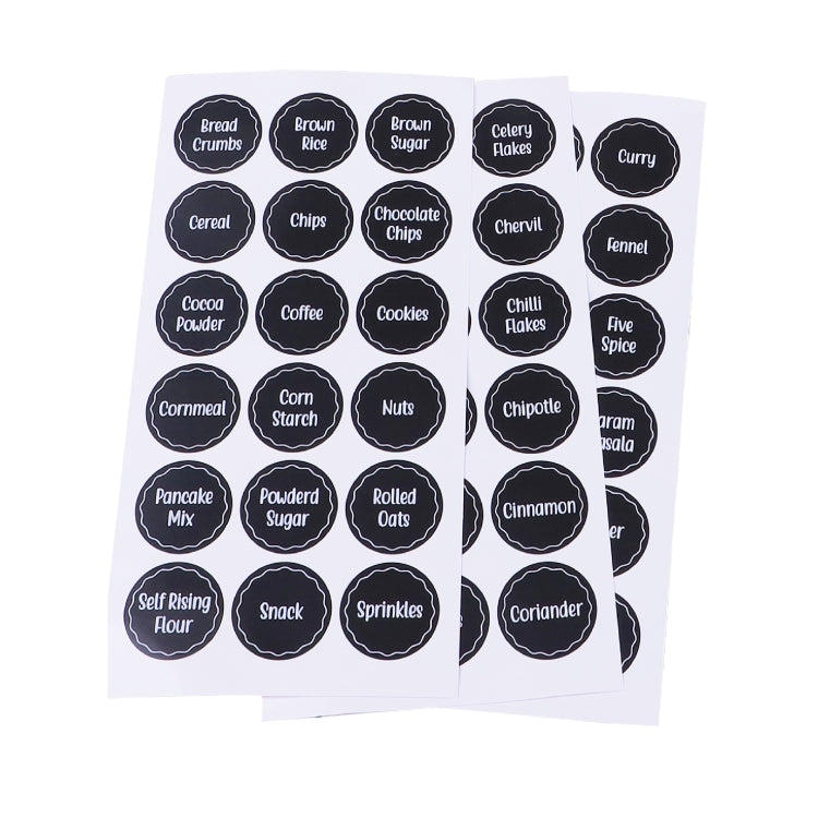Spice jar label sticker sheets with circular black spice-name labels